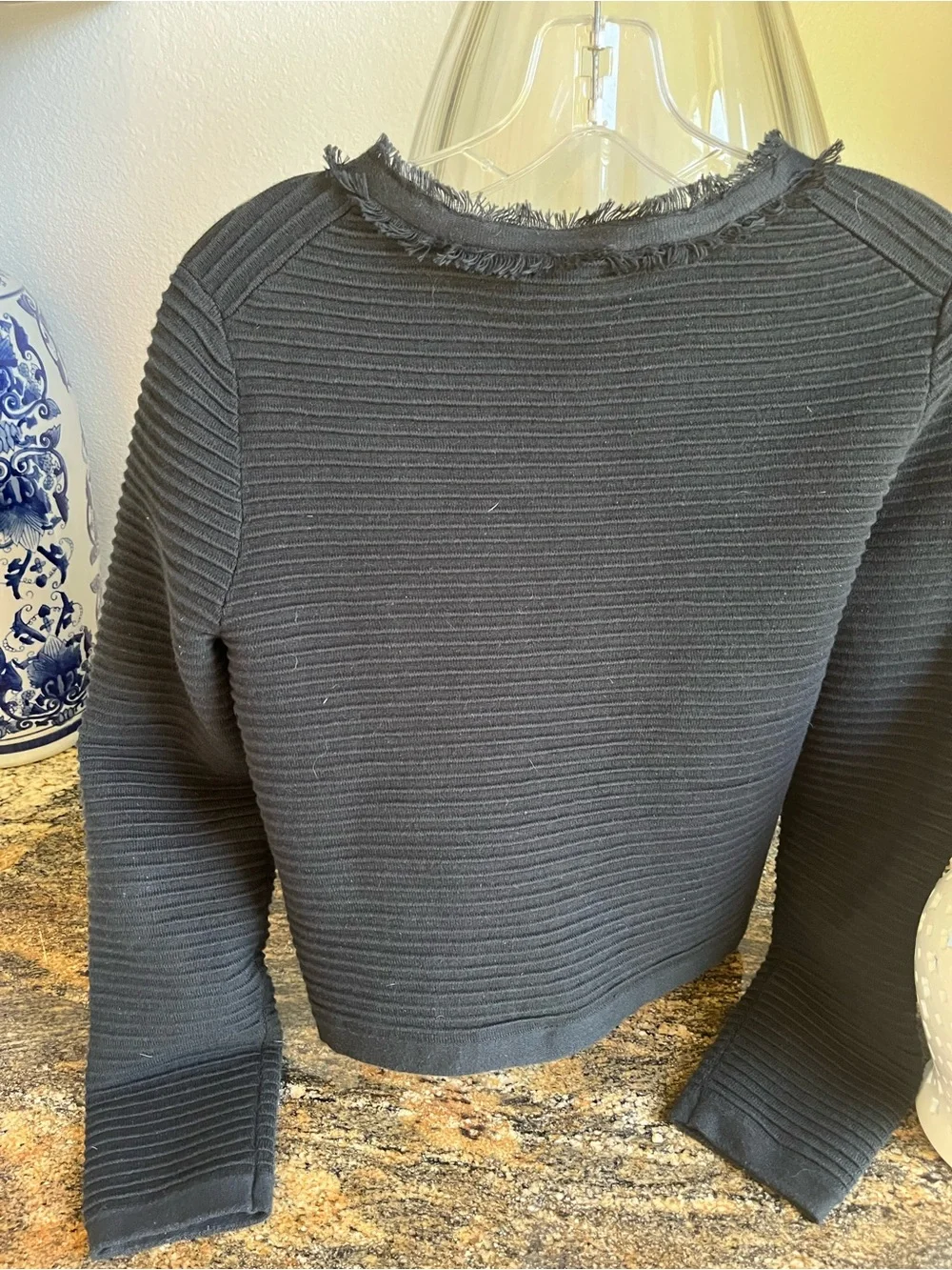 J. Crew Black Ribbed Fringe-Trim Gold-Button Cardigan